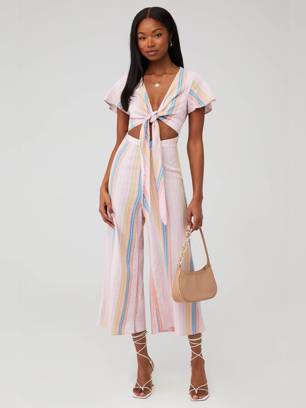 Show Me Your MuMu Val Tie-Front Pink Multi-Stripe Jumpsuit Small Festival Summer